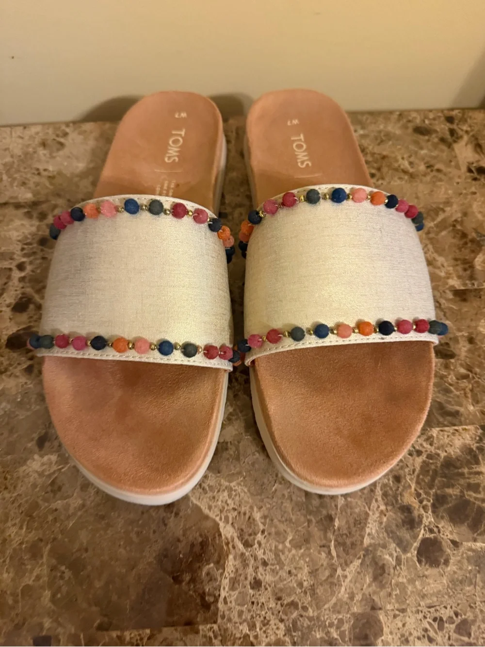 TOMS Cream Slide Sandals with Multicolor Bead Trim